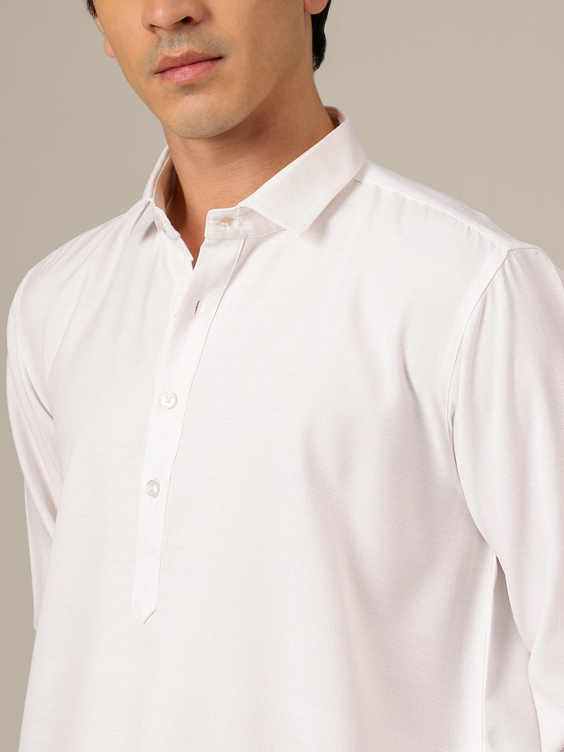 White: Self-Design Spread Collar Kurta