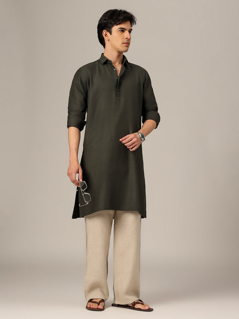 Green: Self-Design Spread Collar Kurta