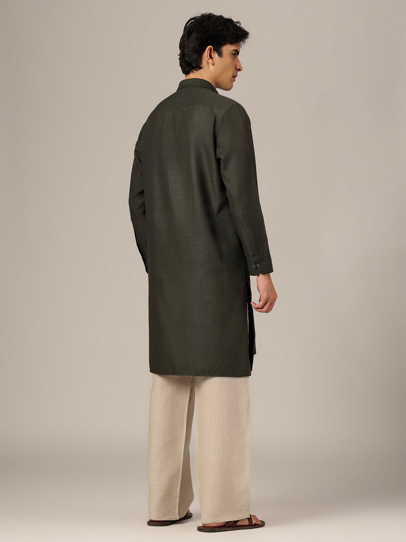 Green: Self-Design Spread Collar Kurta