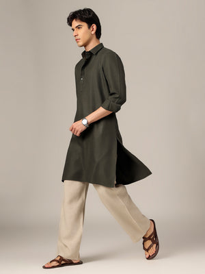 Green: Self-Design Spread Collar Kurta
