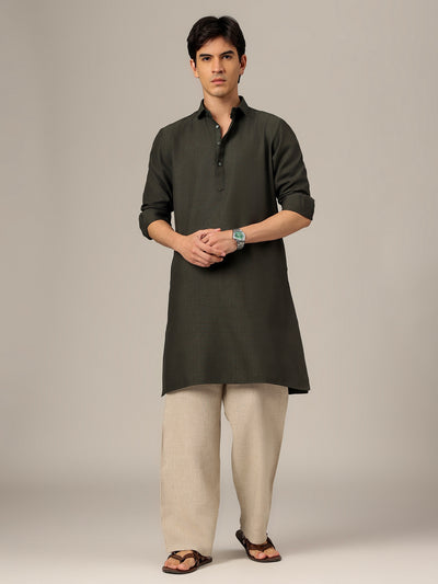 Green: Self-Design Spread Collar Kurta