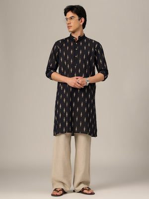 Black & Beige: Block Printed Mandarin Collar Kurta
