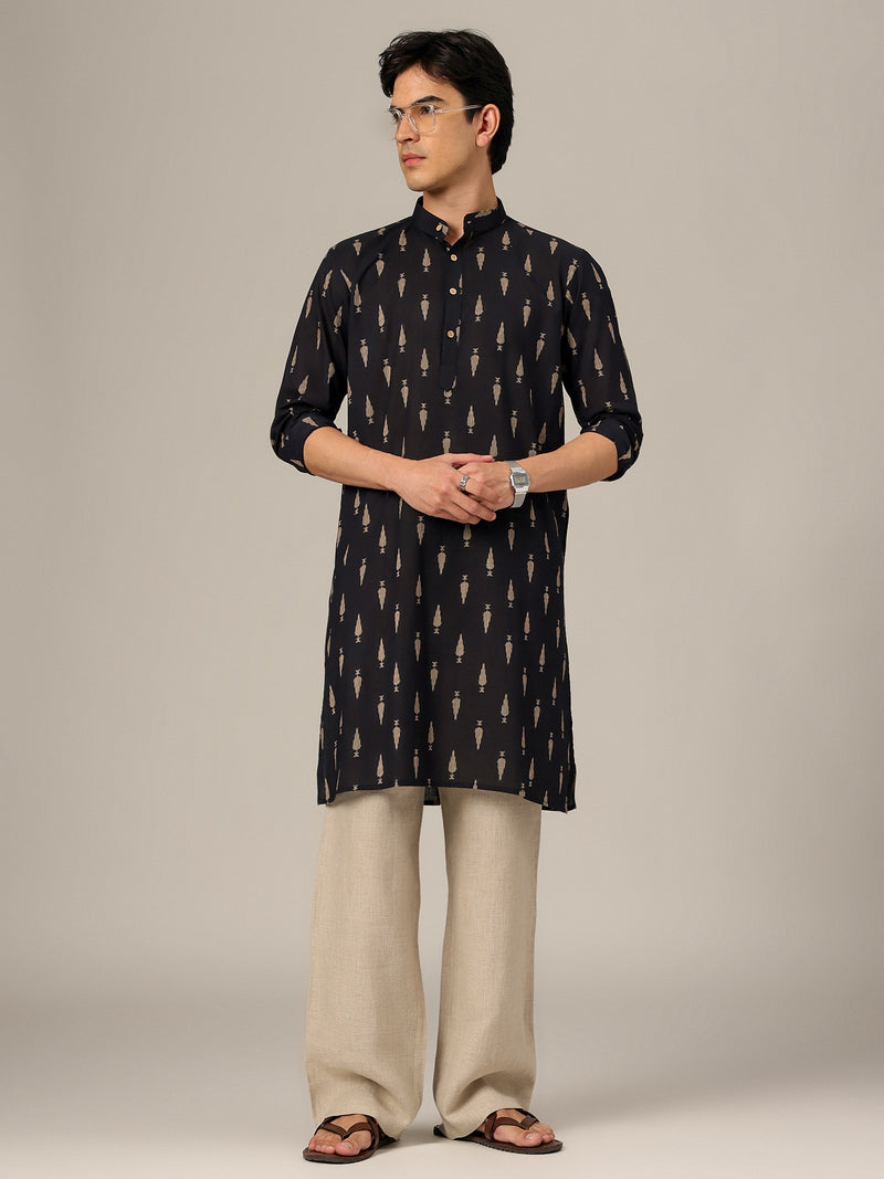 Black & Beige: Block Printed Mandarin Collar Kurta
