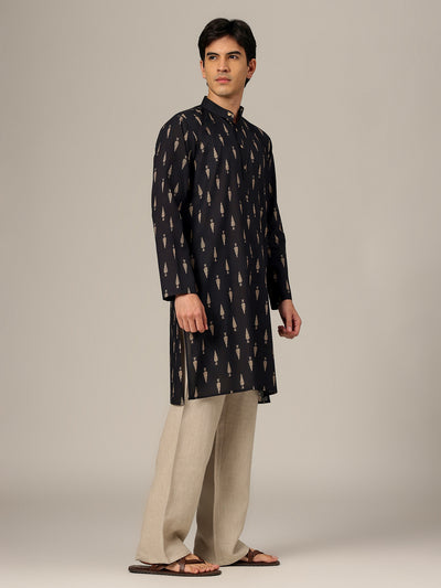 Black & Beige: Block Printed Mandarin Collar Kurta