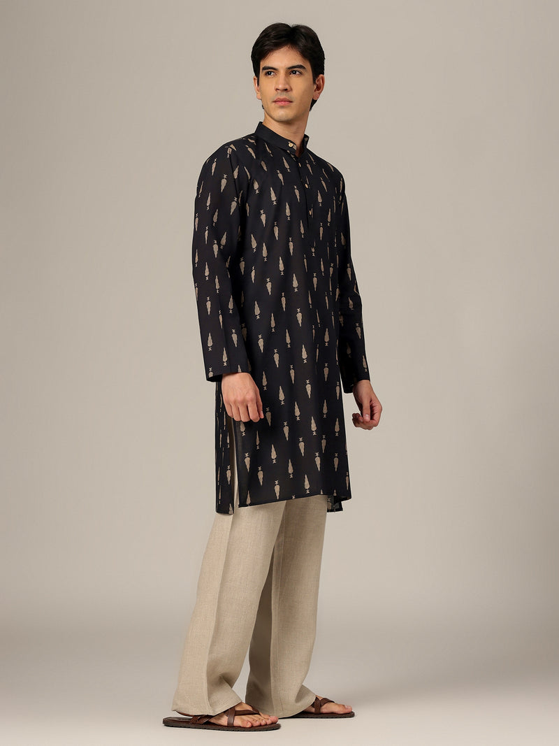 Black & Beige: Block Printed Mandarin Collar Kurta