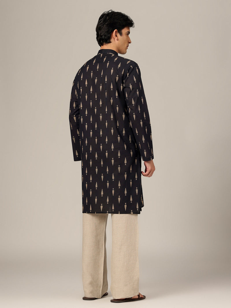 Black & Beige: Block Printed Mandarin Collar Kurta