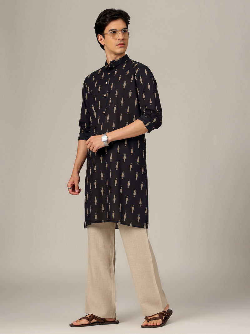 Black & Beige: Block Printed Mandarin Collar Kurta