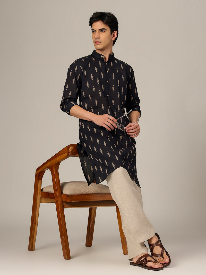 Black & Beige: Block Printed Mandarin Collar Kurta