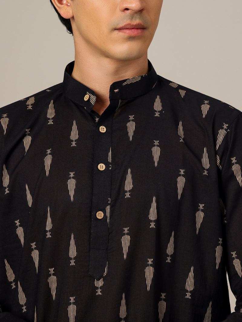 Black & Beige: Block Printed Mandarin Collar Kurta