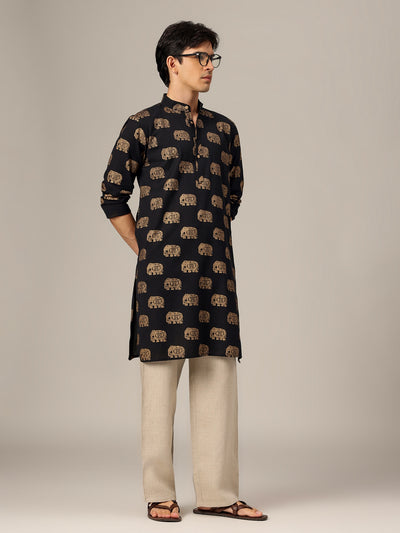 Black : Ethnic Block Printed Mandarin Collar Kurta
