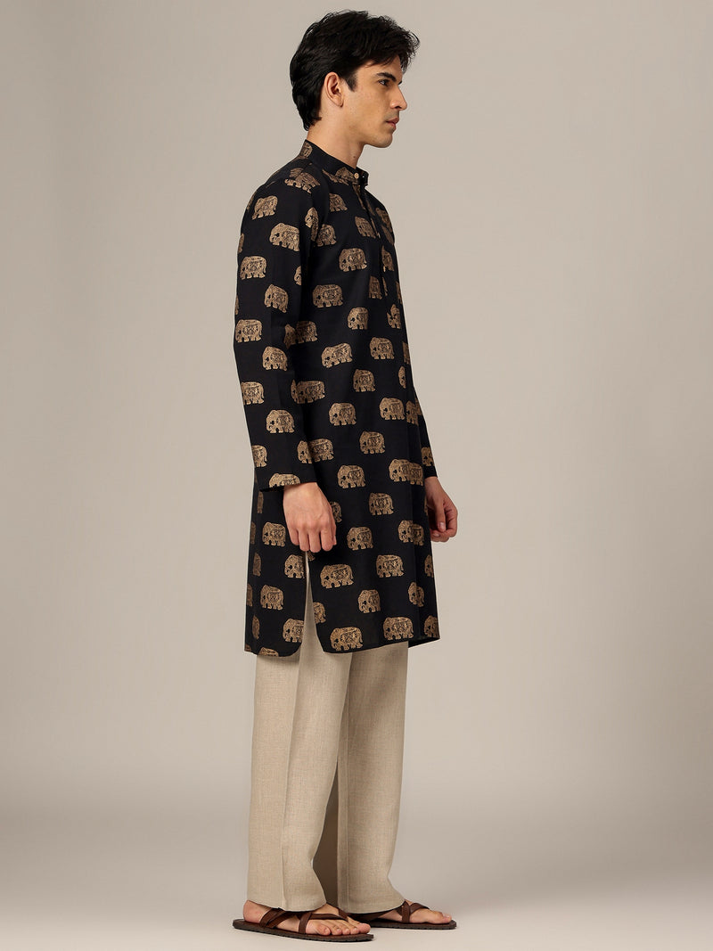 Black : Ethnic Block Printed Mandarin Collar Kurta