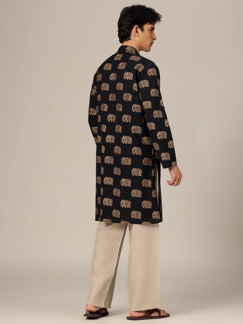 Black : Ethnic Block Printed Mandarin Collar Kurta