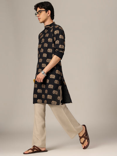 Black : Ethnic Block Printed Mandarin Collar Kurta