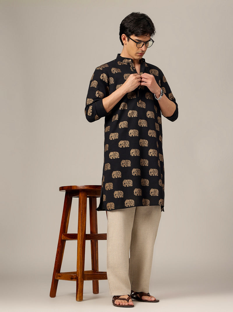 Black : Ethnic Block Printed Mandarin Collar Kurta