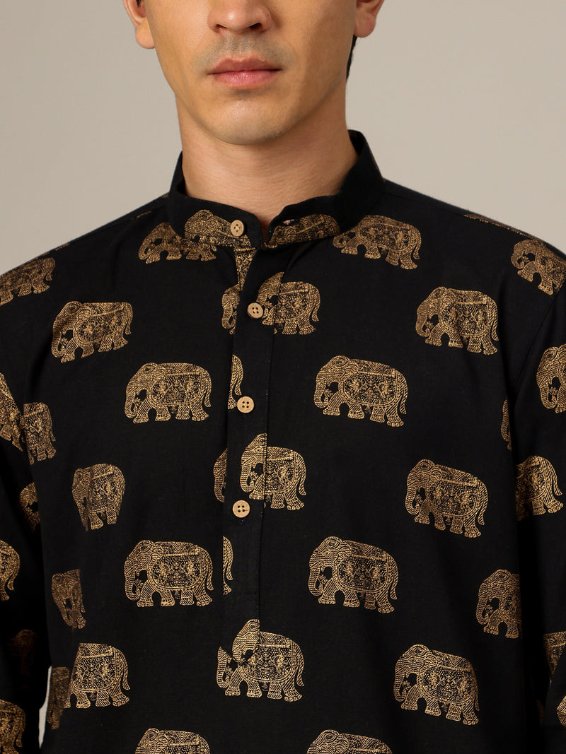 Black : Ethnic Block Printed Mandarin Collar Kurta