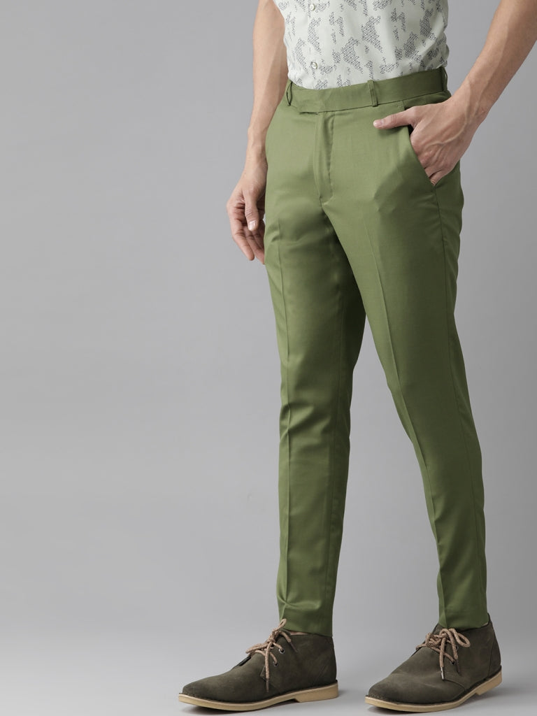 DENNISON Men Green Smart Tapered Fit Solid Smart Casual Trousers