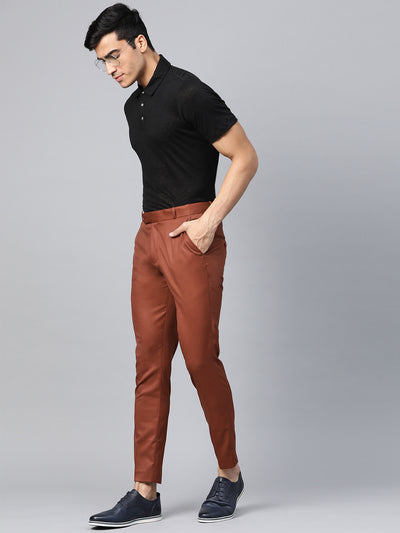 DENNISON Men Rust Red Smart Tapered Fit Solid Regular Trousers
