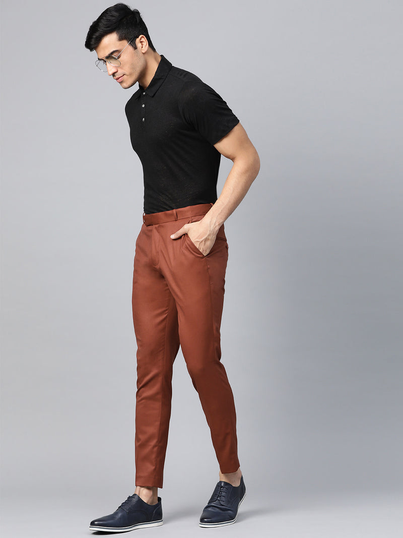 DENNISON Men Rust Red Smart Tapered Fit Solid Regular Trousers