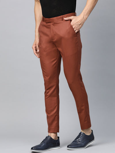 DENNISON Men Rust Red Smart Tapered Fit Solid Regular Trousers