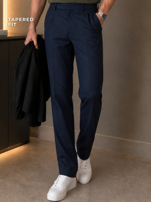 DENNISON Men Navy Blue Solid Smart Tapered Fit Easy Wash Pleated Cotton Formal Trousers