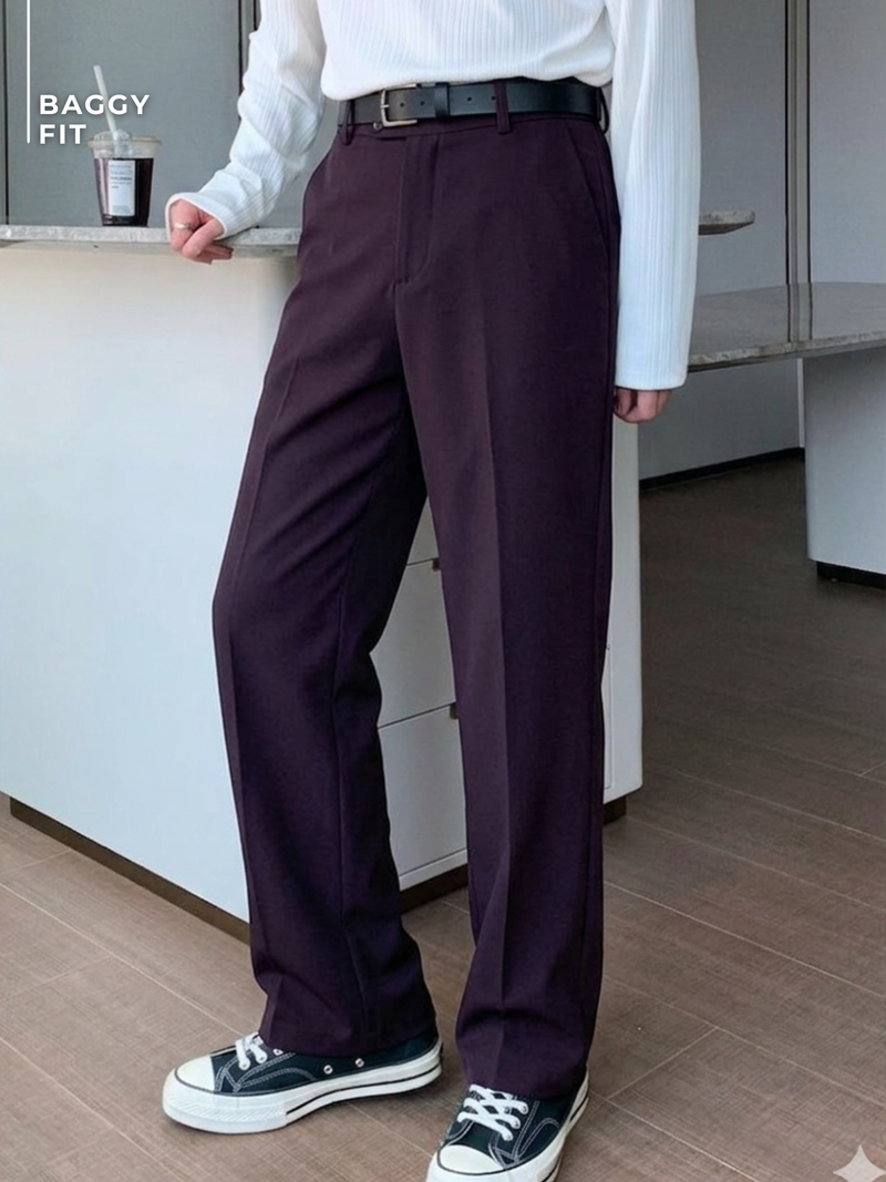 Men's Burgundy Korean Loose Fit Trouser