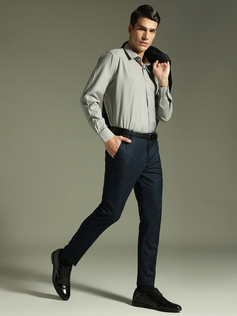 Dark Blue: Textured Tapered Fit Casual Trouser