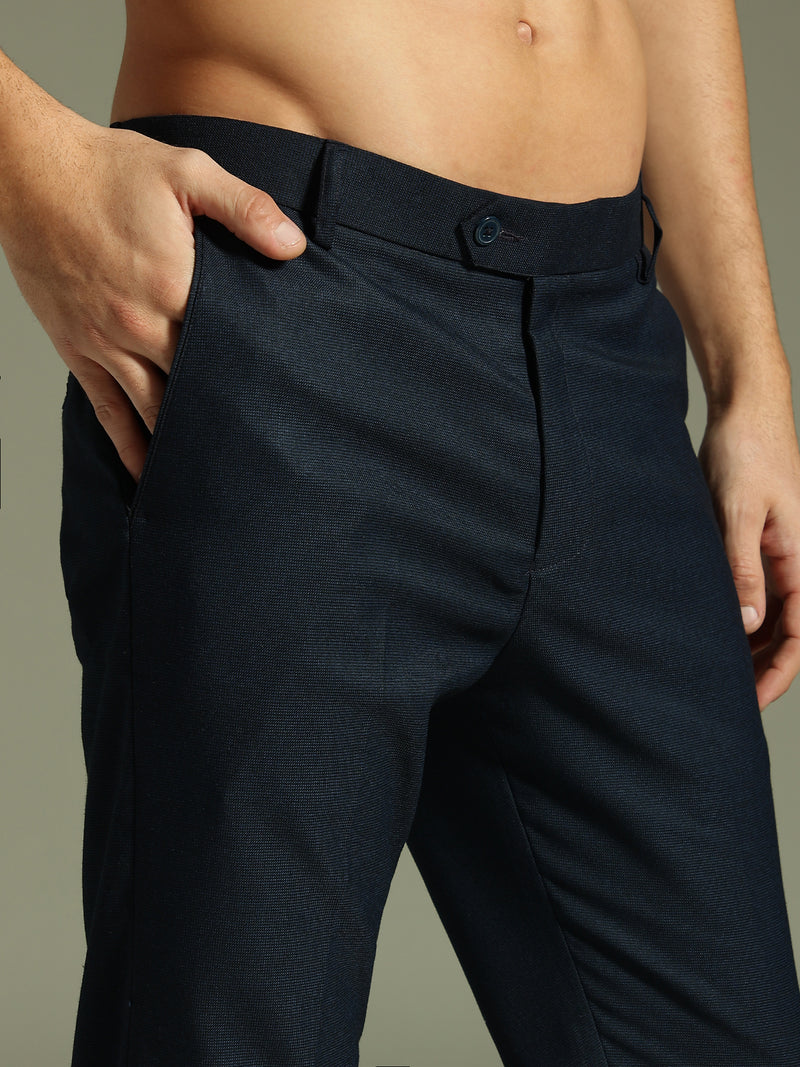 Dark Blue: Textured Tapered Fit Casual Trouser