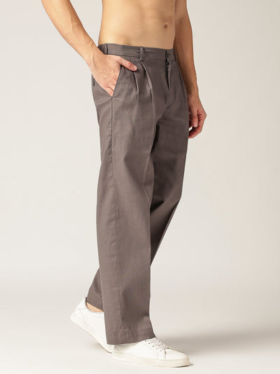 Dark Grey: Textured Double Pleated Korean Baggy Fit Trouser