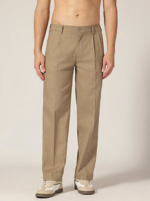 Khaki: Textured Double Pleated Korean Baggy Fit Trouser