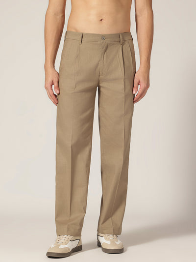 Khaki: Textured Double Pleated Korean Baggy Fit Trouser