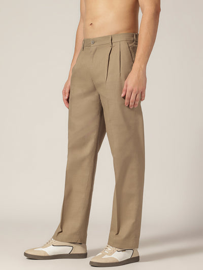 Khaki: Textured Double Pleated Korean Baggy Fit Trouser