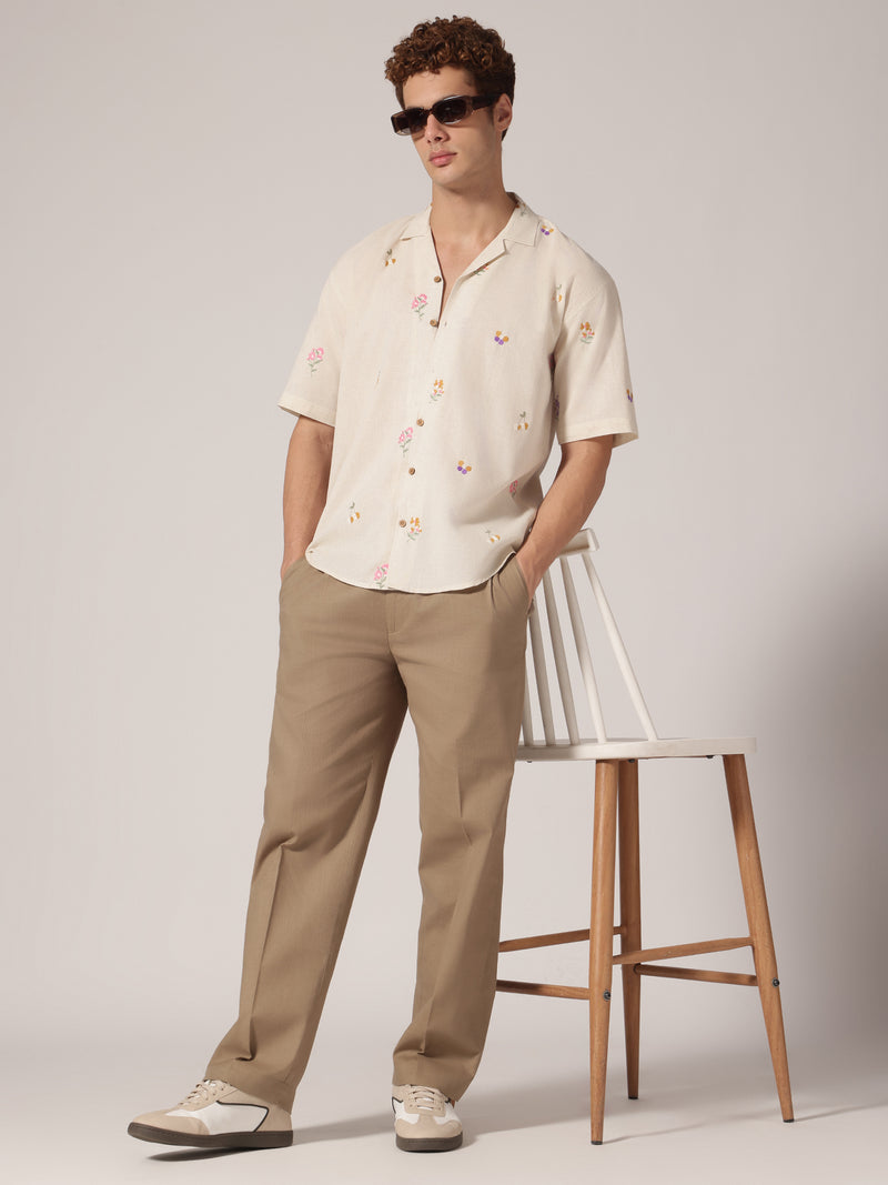 Khaki: Textured Double Pleated Korean Baggy Fit Trouser