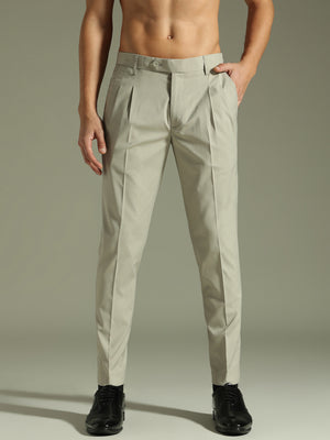 Ash Grey: Pleated Tapered Fit Casual Trouser