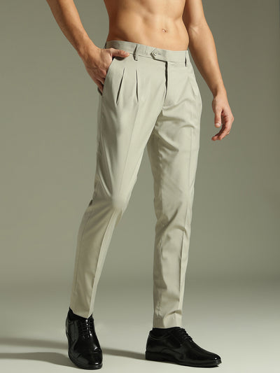 Ash Grey: Pleated Tapered Fit Casual Trouser