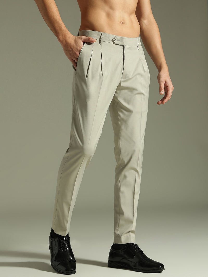 Ash Grey: Pleated Tapered Fit Casual Trouser