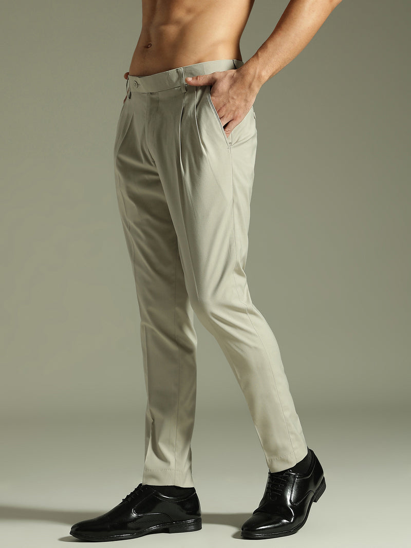 Ash Grey: Pleated Tapered Fit Casual Trouser