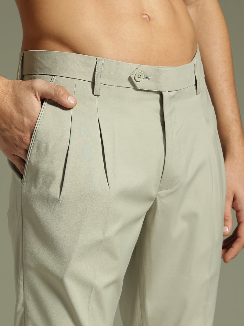Ash Grey: Pleated Tapered Fit Casual Trouser
