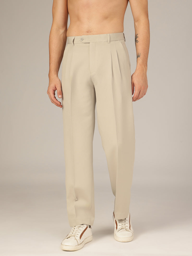 Beige: Korean Baggy Fit Double Pleated Casual Trouser
