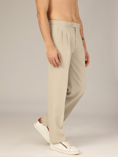 Beige: Korean Baggy Fit Double Pleated Casual Trouser