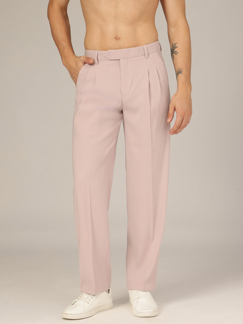 Light Pink: Korean Baggy Fit Double Pleated Casual Trouser