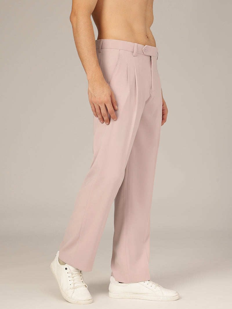 Light Pink: Korean Baggy Fit Double Pleated Casual Trouser