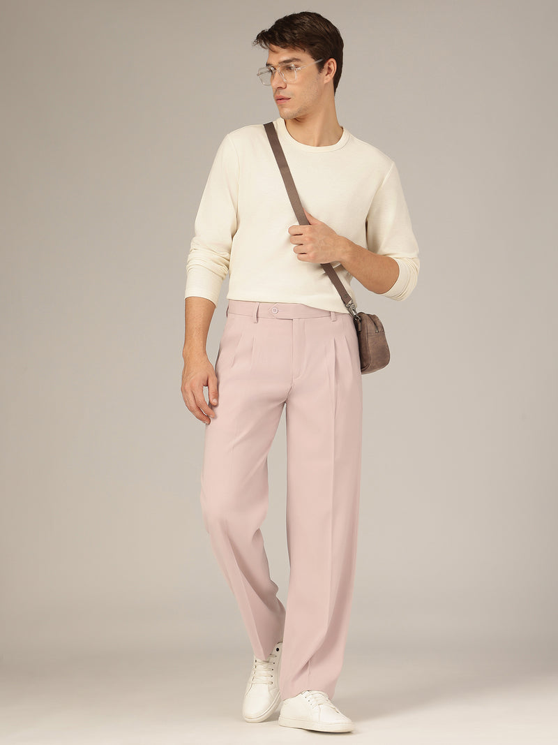 Light Pink: Korean Baggy Fit Double Pleated Casual Trouser