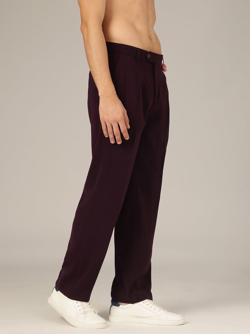 Wine: Korean Baggy Fit Double Pleated Casual Trouser
