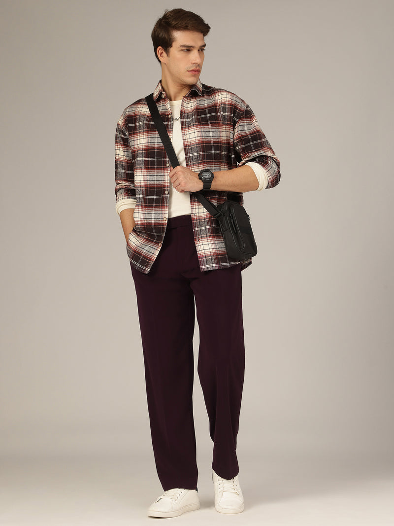 Wine: Korean Baggy Fit Double Pleated Casual Trouser