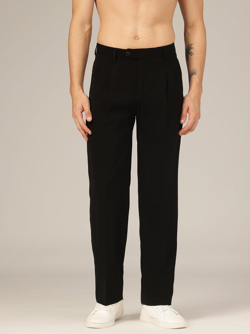 Black: Korean Baggy Fit Double Pleated Casual Trouser