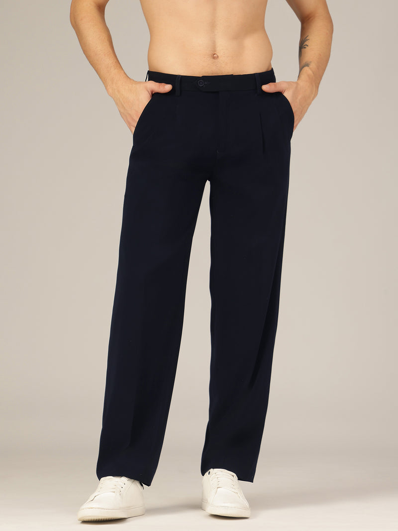 Dark Blue: Korean Baggy Fit Double Pleated Casual Trouser
