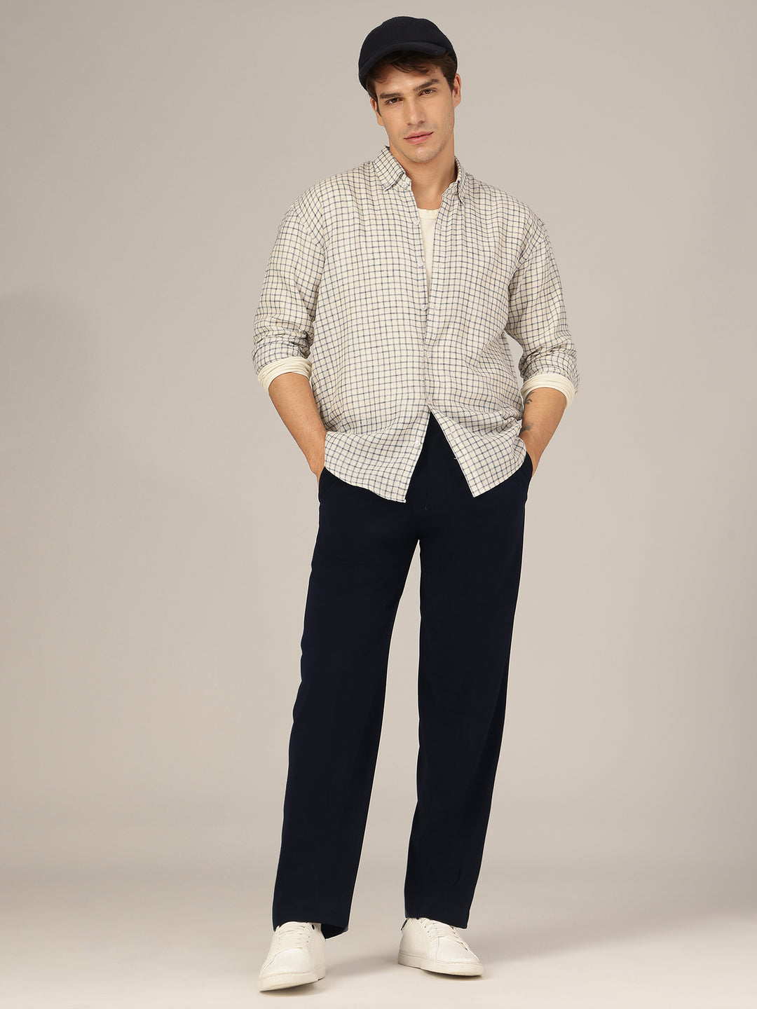 Dark blue double pleated Korean pant front view by Dennison