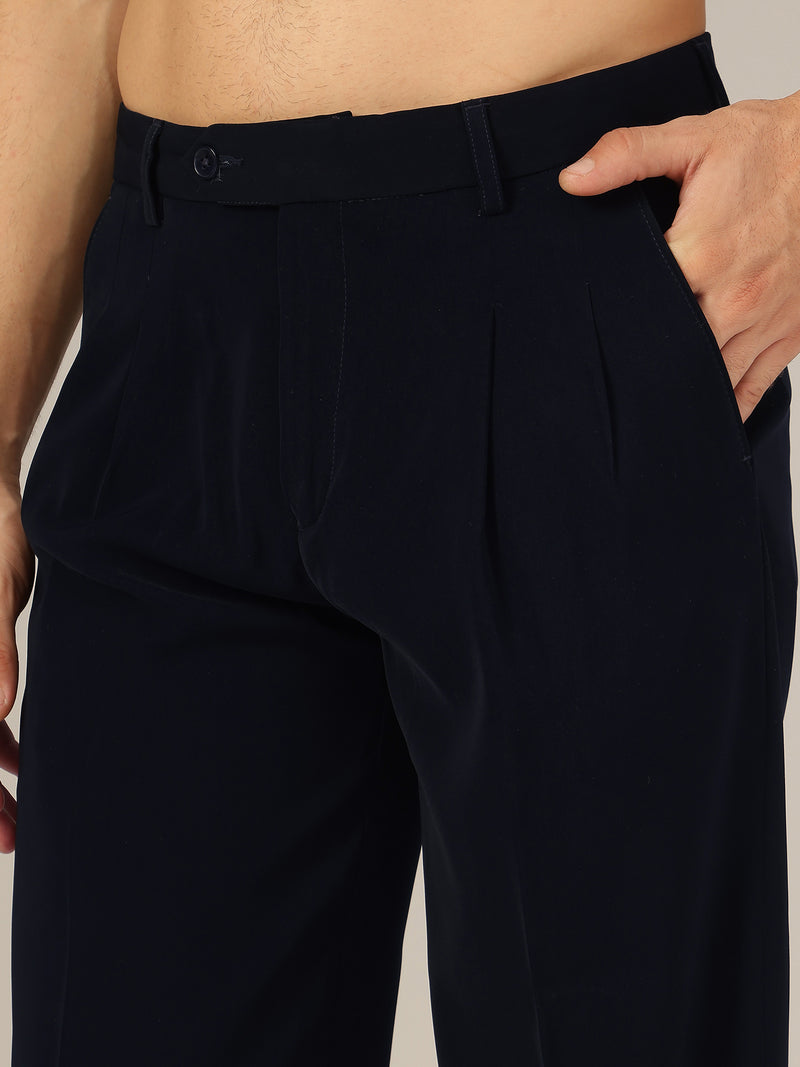 Dark Blue: Korean Baggy Fit Double Pleated Casual Trouser