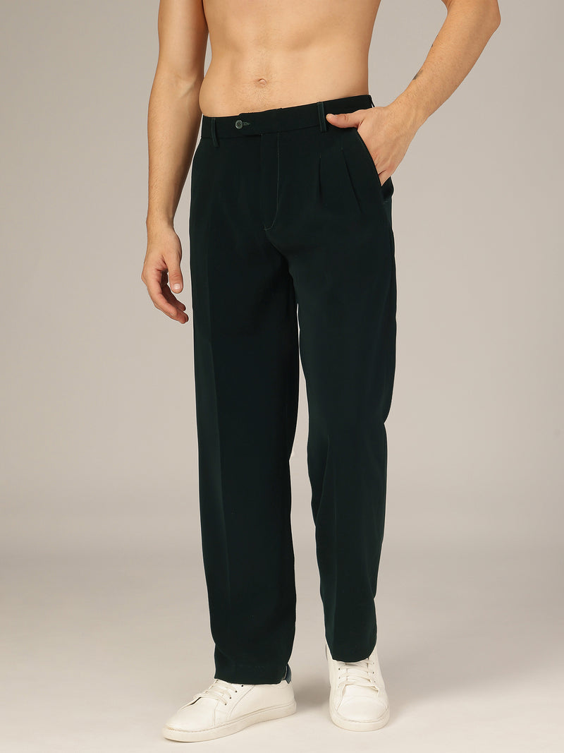Bottle Green: Korean Baggy Fit Double Pleated Casual Trouser