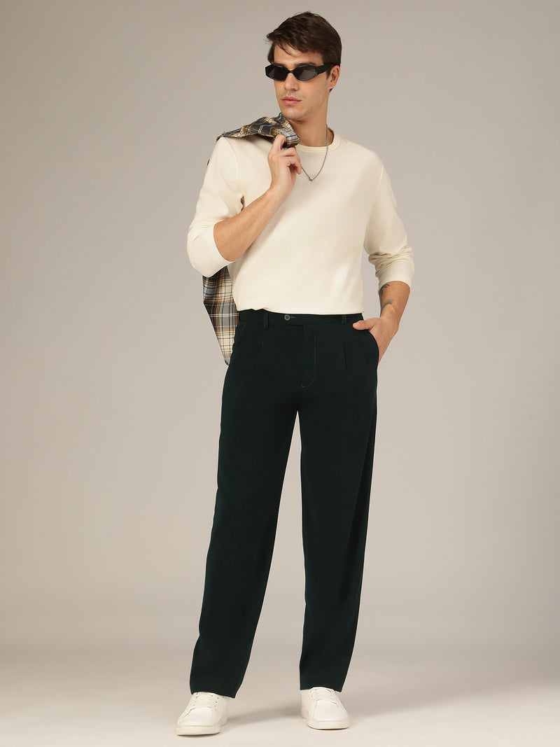 Bottle Green: Korean Baggy Fit Double Pleated Casual Trouser